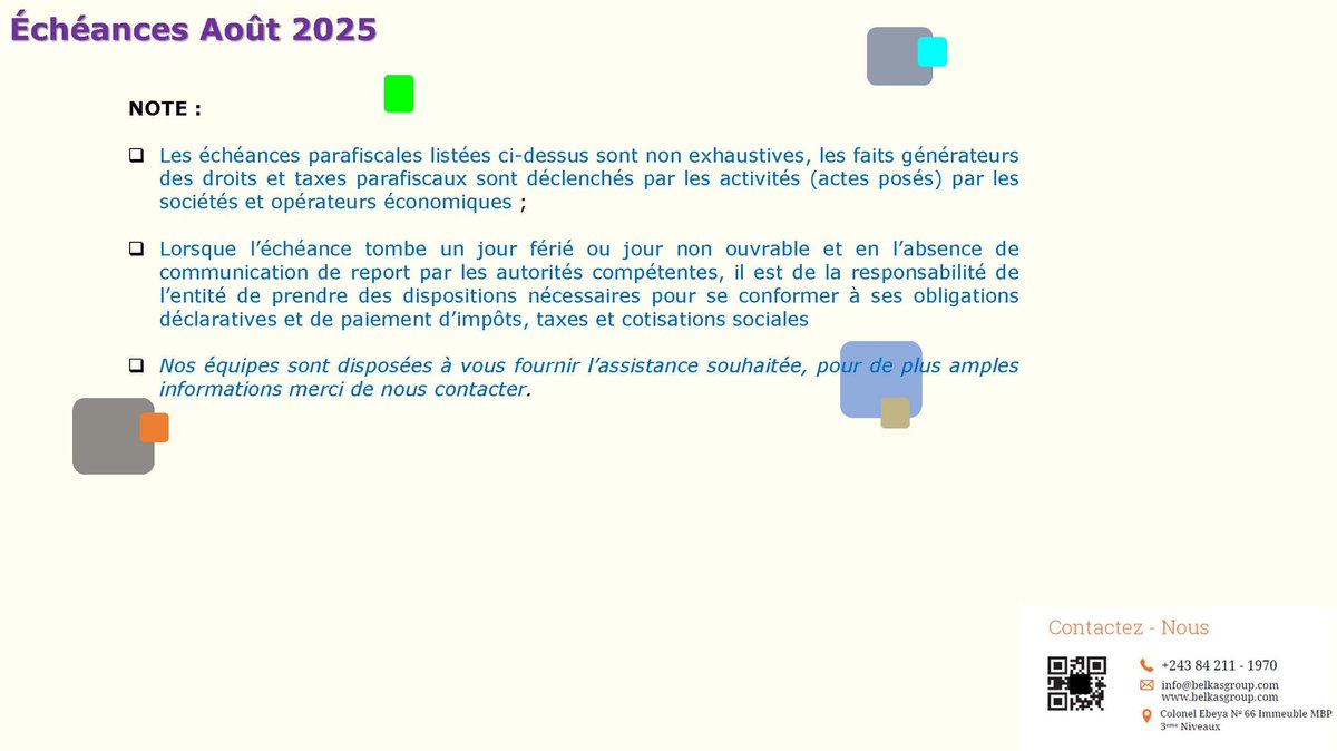 RDC: Échéances Fiscale , parafiscale du mois d’août 2025  <a href="/BelkasgroupSAS/">Belkas group SAS</a>
