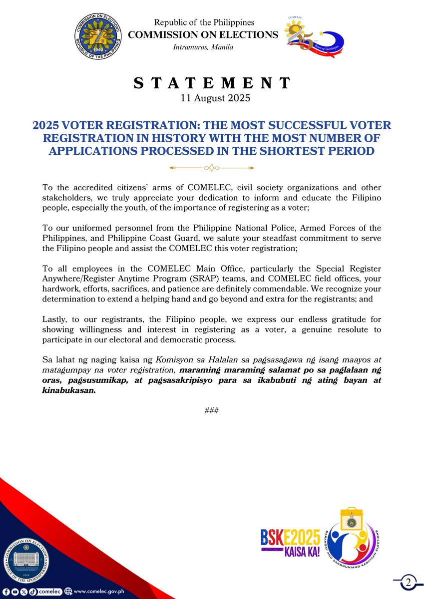 COMELEC's tweet image. 𝐒𝐓𝐀𝐓𝐄𝐌𝐄𝐍𝐓 | 𝟏𝟏 𝐀𝐔𝐆𝐔𝐒𝐓 𝟐𝟎𝟐𝟓

2025 VOTER REGISTRATION: THE MOST SUCCESSFUL VOTER REGISTRATION IN HISTORY WITH THE MOST NUMBER OF APPLICATIONS PROCESSED IN THE SHORTEST PERIOD

#COMELEC
#COMELECStatement
#BSKE  
#VoterRegistration2025