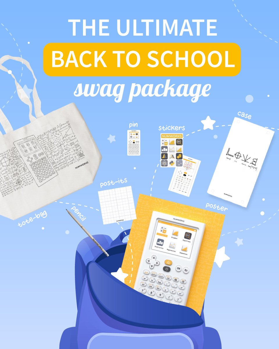 Kick off the school year with our ultimate Back-to-School Giveaway! 🎒✏️

To enter:
✅ Follow <a href="/NumWorks/">NumWorks</a> 
✅ Like &amp; share this post
✅ Tag a friend who’s ready to ace this school year below📚

🎁Winners will be randomly selected on 09/01! 

Open only in the US. #MTBoS #iteachmath