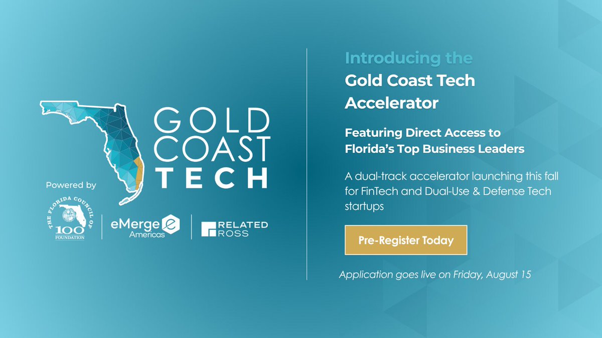 eMergeAmericas's tweet image. Florida’s business leaders are building what’s next.

We’re proud to announce the launch of Gold Coast Tech, a dual-track accelerator launching this Fall for #FinTech and #DualUse &amp;amp; #Defense #Tech #startups in #Florida.

This new initiative, in partnership with #eMergeAmericas