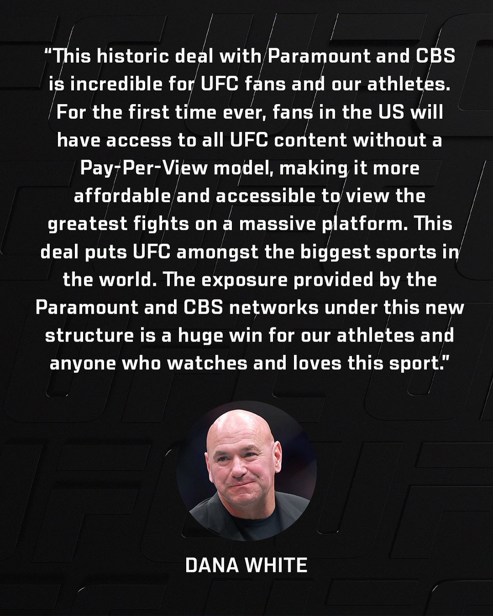 Khhanzy's tweet image. 🚨 BREAKING: #UFC signs a 7-year, $7.7B exclusive U.S. media rights deal with Paramount.

All events to stream on Paramount+, with select fights airing on CBS.

No extra fees the PPV model is gone. 👀🥊

#ParamountPlus #UFCDeal #PPVs