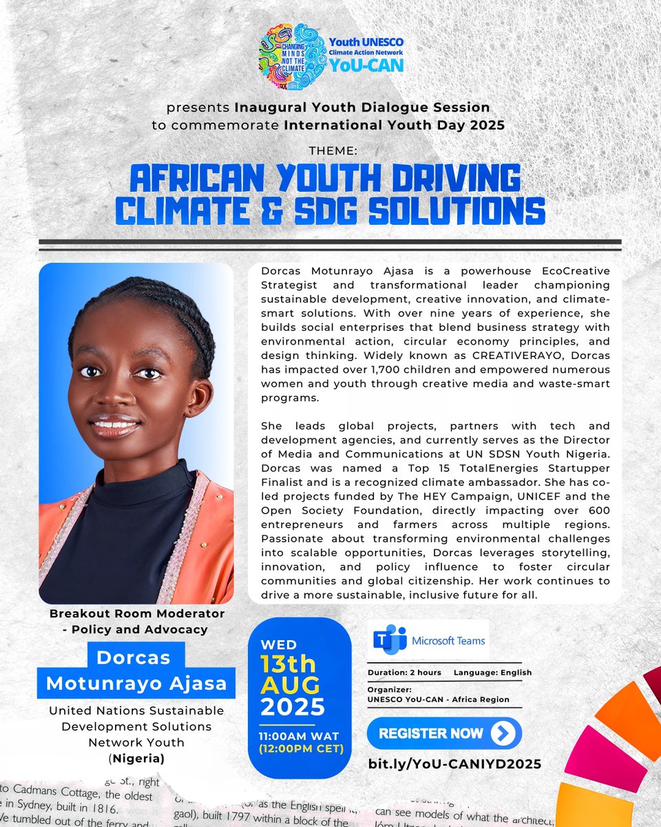 𝐇𝐢, 𝐀𝐟𝐫𝐢𝐜𝐚𝐧 𝐘𝐨𝐮𝐭𝐡𝐬!
This will be a dynamic exchange with young African changemakers as we explore youth perspectives in policy, advocacy, and civic action, spotlighting bold, youth-led climate resilience solutions.

𝐕𝐢𝐬𝐢𝐭 bit.ly/YoU-CANIYD2025 to participate