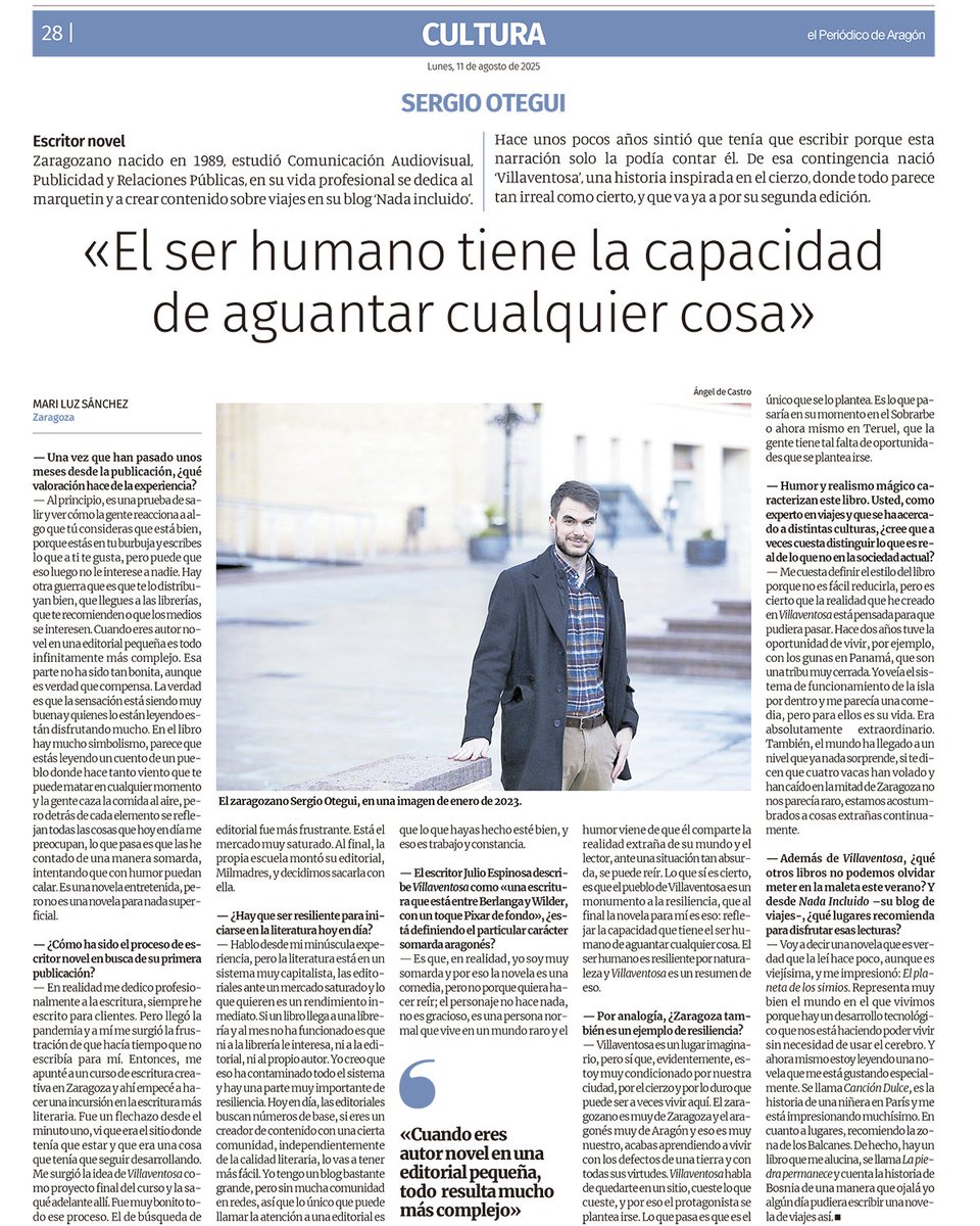 ¡EXTRA, EXTRA! Hoy salgo en la página de cultura de El Periódico de Aragón. Allí hablo sobre mi novela Villaventosa y la escritura en particular y sobre #Zaragoza, las raíces y la vida en general 👇.

elperiodicodearagon.com/cultura/2025/0…