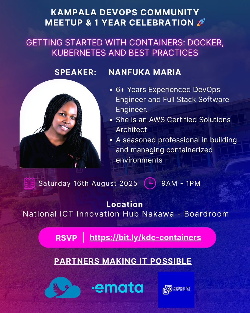 kyandaks's tweet image. 📢Join us on 16th August at @innovationhubug Nakawa - Boardroom for a deep-dive session on containerization. 
#KampalaDevopsCommunity will also be celebrating 1st year anniversary.
⏰9AM - 1PM
Book slot: bit.ly/kdc-containers
Join LinkedIn group: linkedin.com/groups/9867864/