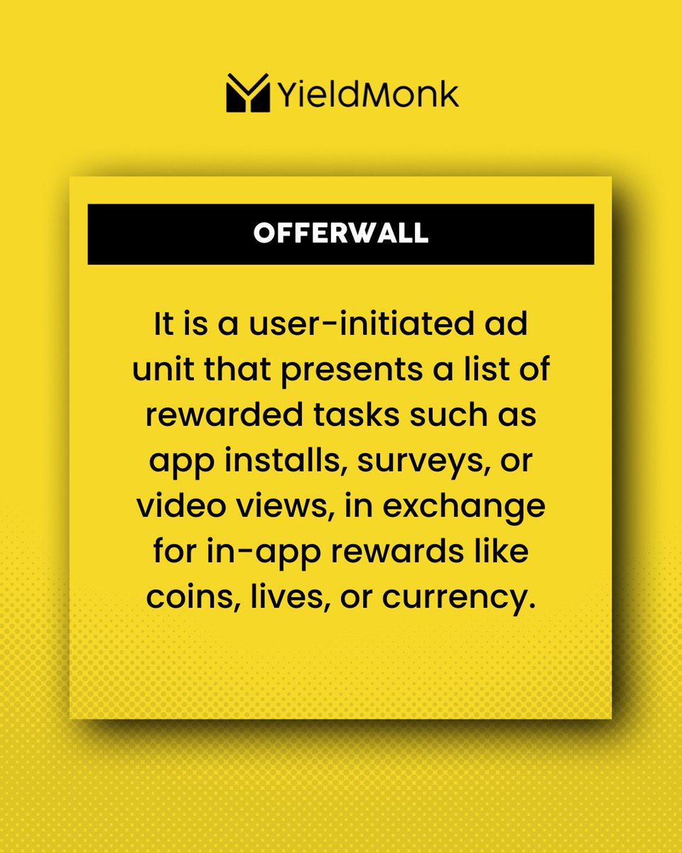 YieldMonk's tweet image. #Offerwallads turn user time into tangible value.
By rewarding in-app actions, like completing surveys or installing other apps. The result? A win-win ecosystem where users feel in control, and revenue scales without breaking the experience.
#ecpm #apprevenue #adrevenue #adtech