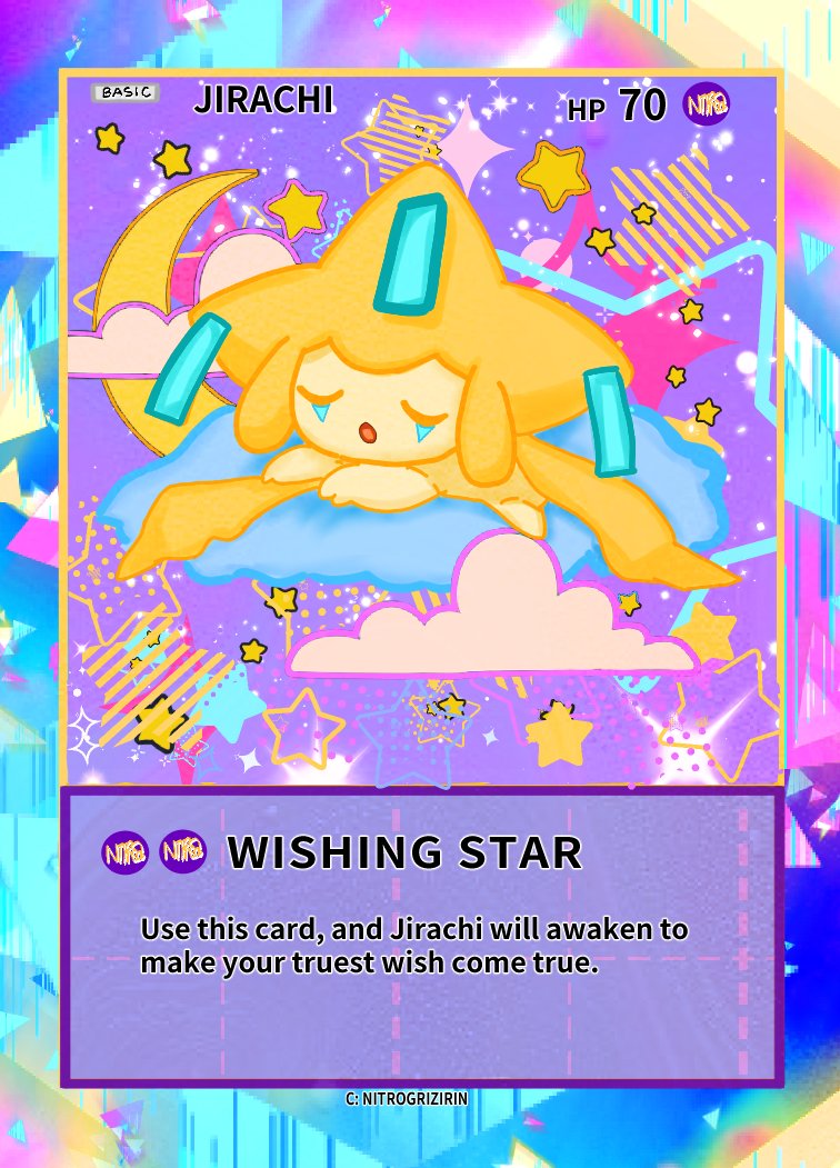 nitrogrizirin's tweet photo. 4 of 4 fanmade Pokemon cards completed~

Jirachi's card is my personal fave~

#pokemon #pokemonfanart #pokemoncards #Gengar #snorlax #meowth #jirachi https://t.co/nZRAbxnSCG