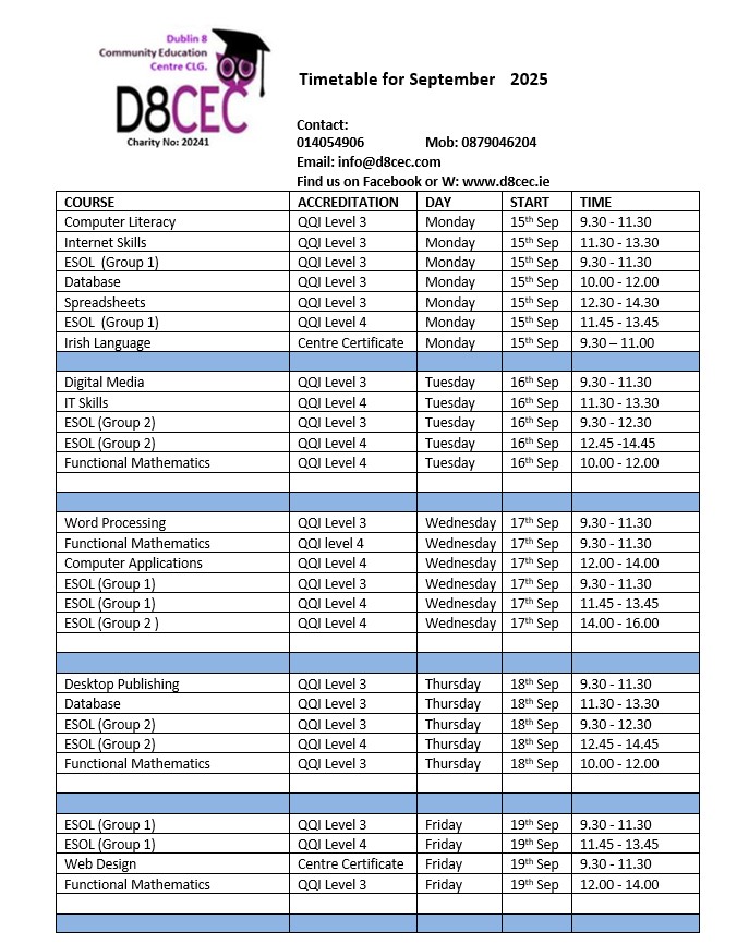 D8CEC's tweet photo. New Timetable for September 2025 now available. If you are interested in any of our free part time courses you can contact us here in D8CEC by calling 0879046204 or drop into the Centre Monday to Thursday 10am - 2pm. https://t.co/3rVyowxpPU