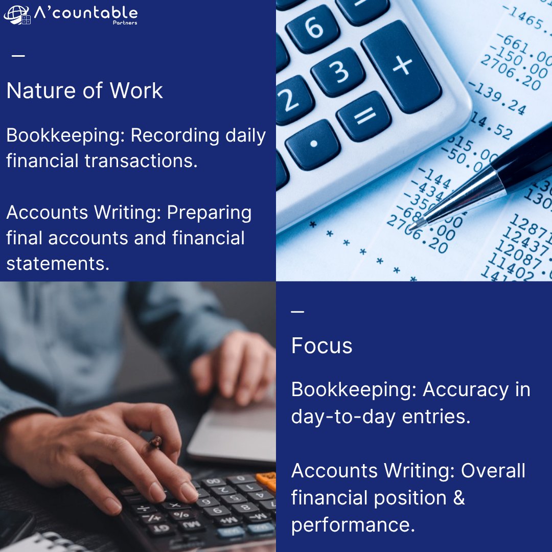 acountablep's tweet photo. 📊 Bookkeeping vs Accounts Writing – Know the Difference!
Bookkeeping tracks every transaction 💰, while accounts writing turns it into a big-picture story 📖 for smarter decisions 🚀
#acountablepartners #FinanceBasics #Bookkeeping101 #AccountsWriting #BusinessGrowthTips https://t.co/ZHjkbMiboJ