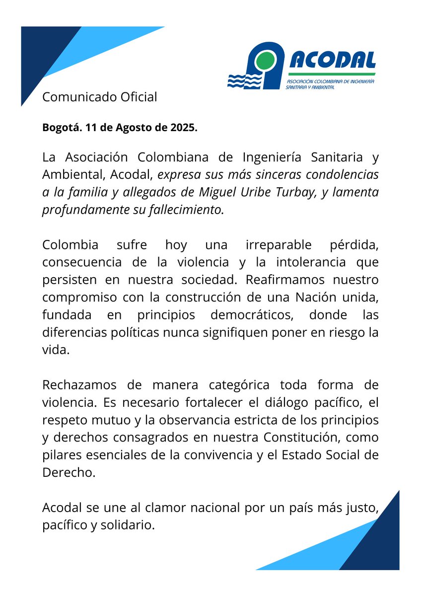 ACODALCOLOMBIA's tweet photo. COMUNICADO OFICIAL.
Desde ACODAL lamentamos el fallecimiento de Miguel Uribe Turbay y expresamos nuestras condolencias a su familia, amigos y allegados. https://t.co/d9IFNc5Q97