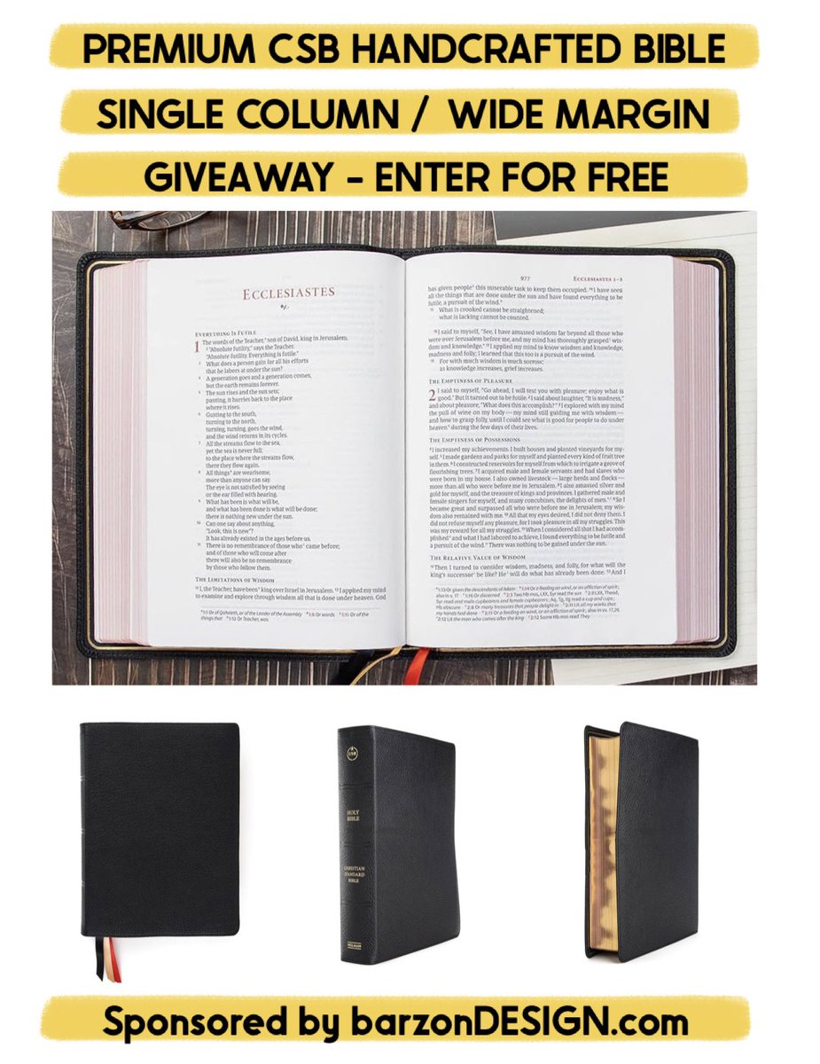 PREMIUM LEATHER CSB GIVEAWAY

Guys, I have this Bible and it is absolutely beautiful. Now I want one of you to have it! 

✅ Holman “Handcrafted” Edition
✅ Premium Goatskin Leather
✅ Premium Paper Pages
✅ Single Column Paragraph 
✅ Wide Margins
✅ Smyth-sewn, lay-flat design