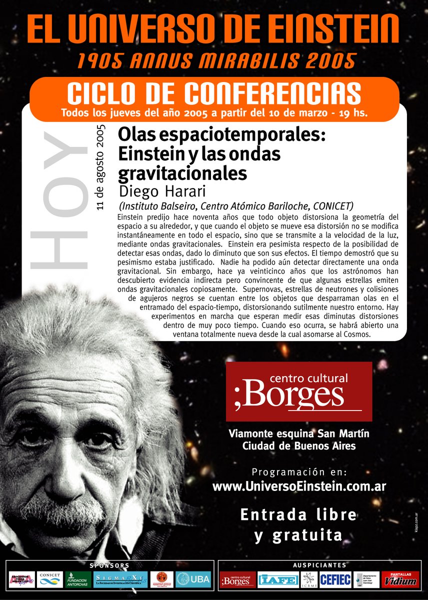 <a href="/CONICETDialoga/">CONICET Dialoga</a> <a href="/IBalseiro/">Instituto Balseiro</a> Olas espaciotemporales: Einstein y las ondas gravitacionales [11.08.2005]
Diego Harari (<a href="/IBalseiro/">Instituto Balseiro</a> CAB, CONICET)
LIBRO 👉 eudeba.publica.la/library/public…
CONF 👉 universoeinstein.com.ar/conferencias.h… 
.