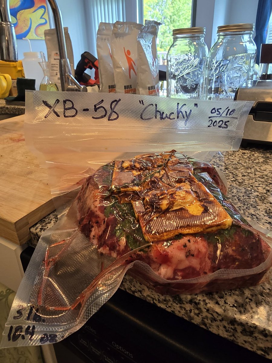 variabl3's tweet image. Experimental Beef #58 "Chucky"
A grain-fed, grain-finished chuck roast.  Weight at just over 58 ounces.  Spontaneously extracted during a fact-finding mission at a local Costco.
For psychological and physiological research into the effects of isolation on muscle and adipose…