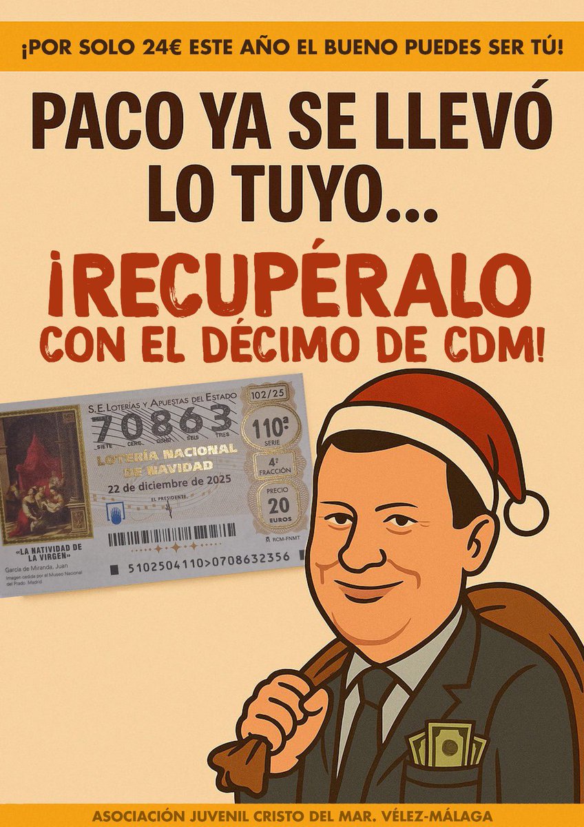 📌IMPORTANTE📌

¡¡¡Ya a la venta, nuestra lotería de Navidad!!! 🤑🤑 

¡¡¡Este año toca sí o sí, Paco ya se llevó lo tuyo, así que toca recuperarlo con el décimo de CRISTO DEL MAR!!! 💶💶 ¡¡¡No te quedes sin tu décimo!!!💰💰
