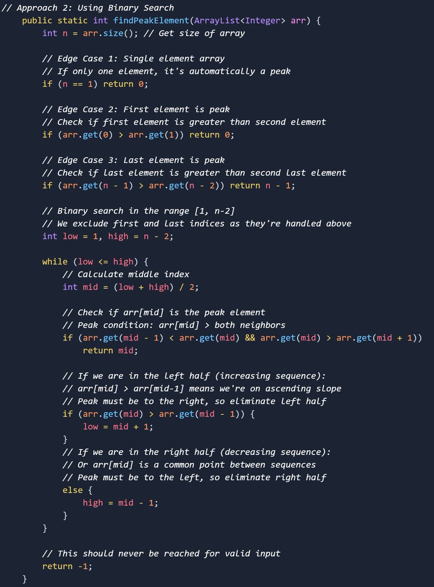 45NitinVerma's tweet image. Solved Find Peak Element using 2 approaches:

1️⃣ Linear Search – O(n)
2️⃣ Binary Search – O(log n)
Binary search finds the peak faster by using the slope pattern 📈📉
#DSA #Java #BinarySearch #Algorithms #coding #InterviewPrep