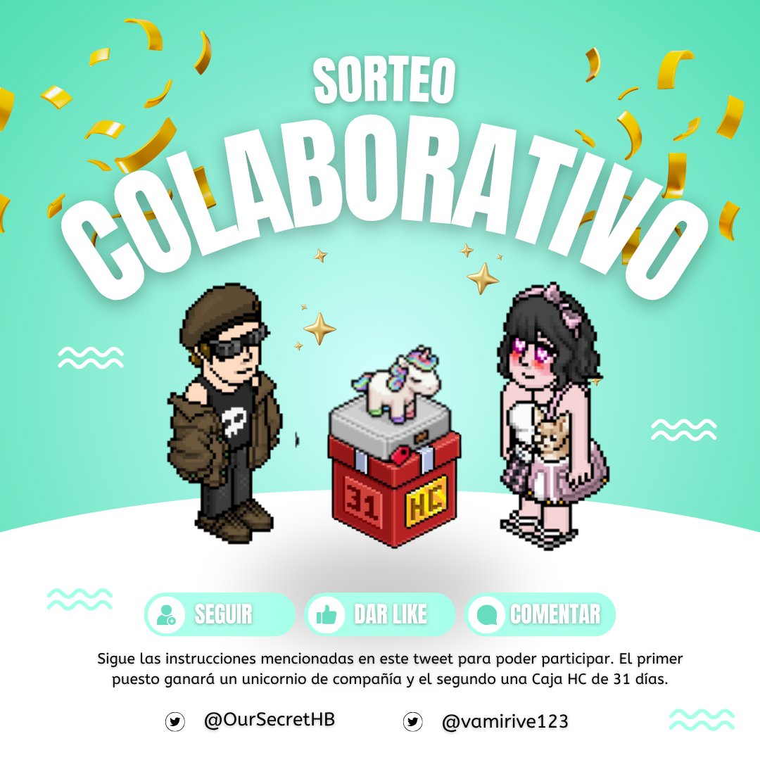 🎉SORTEO COLABORATIVO 🎉

Si deseas ganar uno de estos premios🥇Unicornio de compañia🥈Caja HC

Sigue estos requisitos:    

- Seguir a <a href="/vamirive123/">. ⸼ ۰જ † ᵛ ᵃ ᵐ ⁱ ʳ ⁱ ᵛ ᵉ † જ ۰ ⸼ .</a> y <a href="/OurSecretHB/">OurSecretHB</a>
- Dar ❤️ y RT.   
- Etiqueta a un amig@ (Ganará 10c) 

FECHA DEL SORTEO: 15 de Agosto