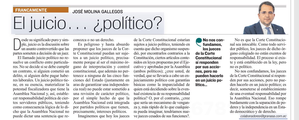 jose_molina73's tweet photo. ¿Juicio político a jueces de la Corte Constitucional? Más que ser una muestra de su potestad fiscalizadora, sería un arma de presión política y venganza. Convertir a la Asamblea en ‘juez de jueces’ erosiona la separación de poderes y debilita el Estado de Derecho. https://t.co/ZOS4u3Kje1