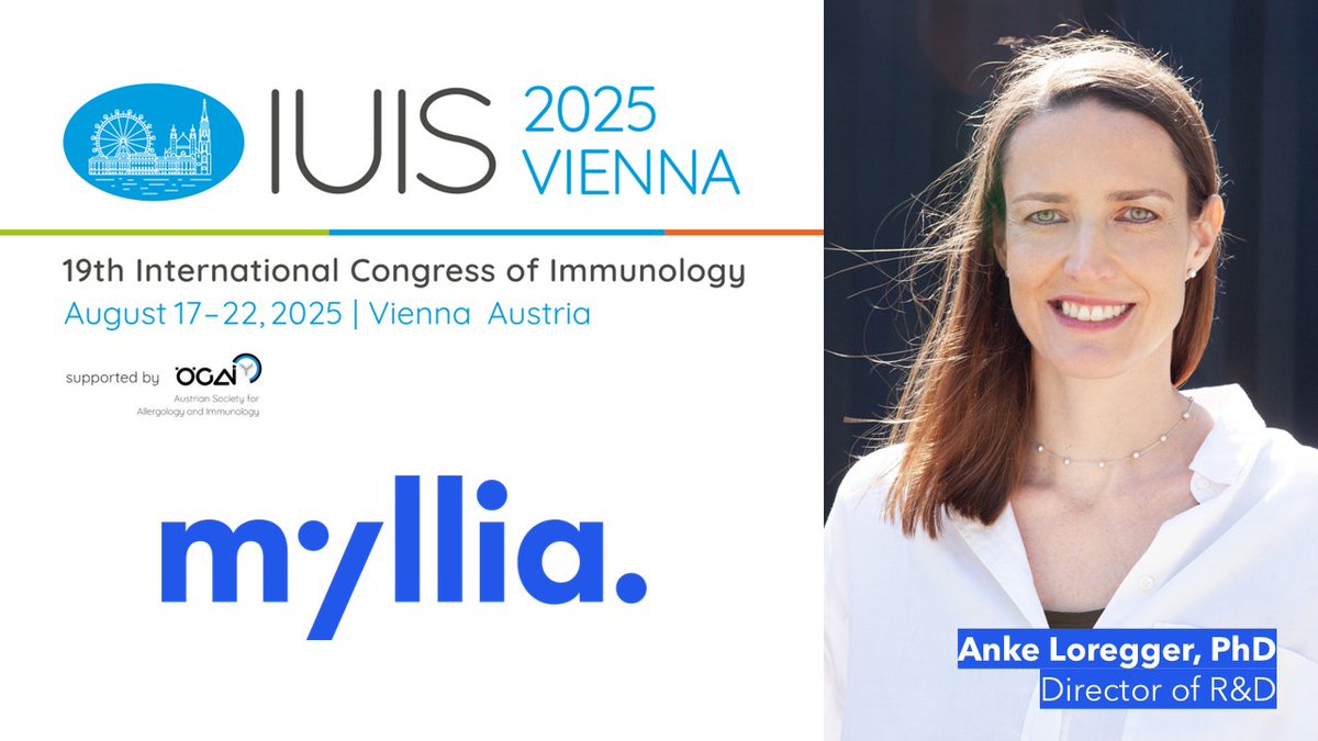 Myllia Biotechnology (@mylliabio) on Twitter photo 📢 <a href="/MylliaBio/">Myllia Biotechnology</a> is heading to #IUIS2025 - we’re excited to share that Anke Loregger, Myllia’s Director of R&D, will be attending the International Congress of Immunology (IUIS) 2025 in Vienna!
Poster: II.265 on Wednesday, August 20 at 12.15 PM 📢 <a href="/MylliaBio/">Myllia Biotechnology</a> is heading to #IUIS2025 - we’re excited to share that Anke Loregger, Myllia’s Director of R&D, will be attending the International Congress of Immunology (IUIS) 2025 in Vienna!
Poster: II.265 on Wednesday, August 20 at 12.15 PM