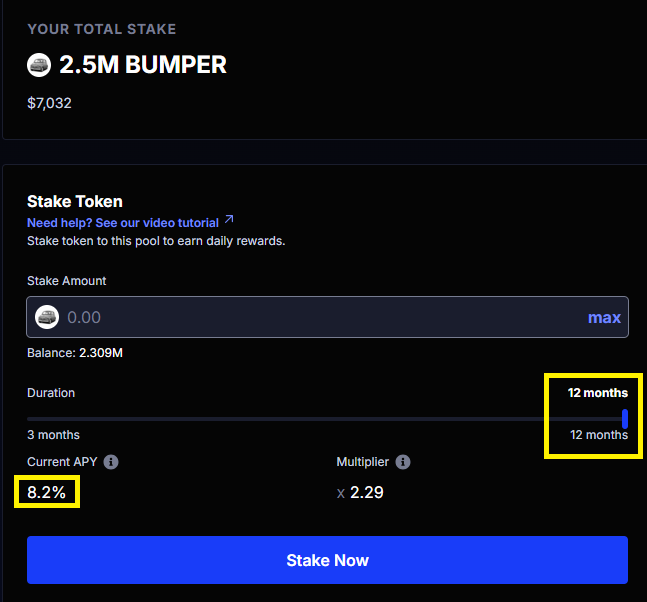By staking $BUMPER, you get $NUMMUS. The current 3-month APR is 3.5%, while the 12-month APR is 8.2%. These rewards are variable and depend primarily on the value of Nummus Aeternitas. If the price were to return to $0.09, the 3-month Bumper APR would yield over 9%, while the