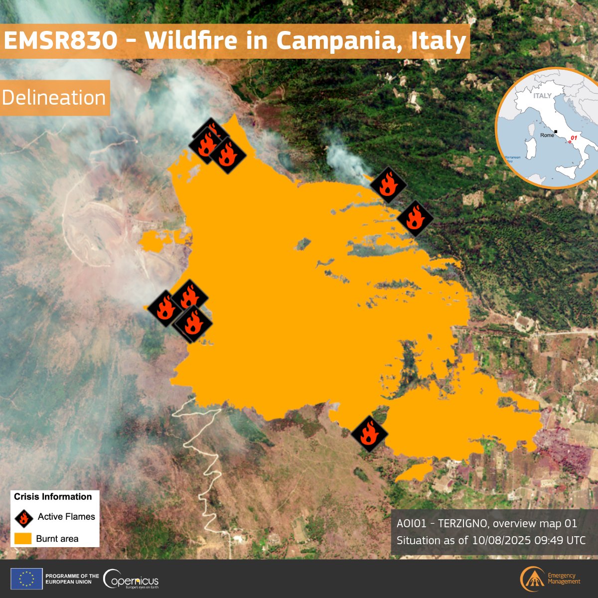CopernicusEMS's tweet photo. 🔥 #EMSR830 – Wildfire in Campania, Italy 🇮🇹

Satellite analysis shows 560.5 ha burned and 10 active flames near Vesuvio, close to densely populated areas.

Our #MappingTeam will continue to monitor the situation.

🛰️ See more: https://t.co/FgBfa7IZsZ https://t.co/toaE4BecN7
