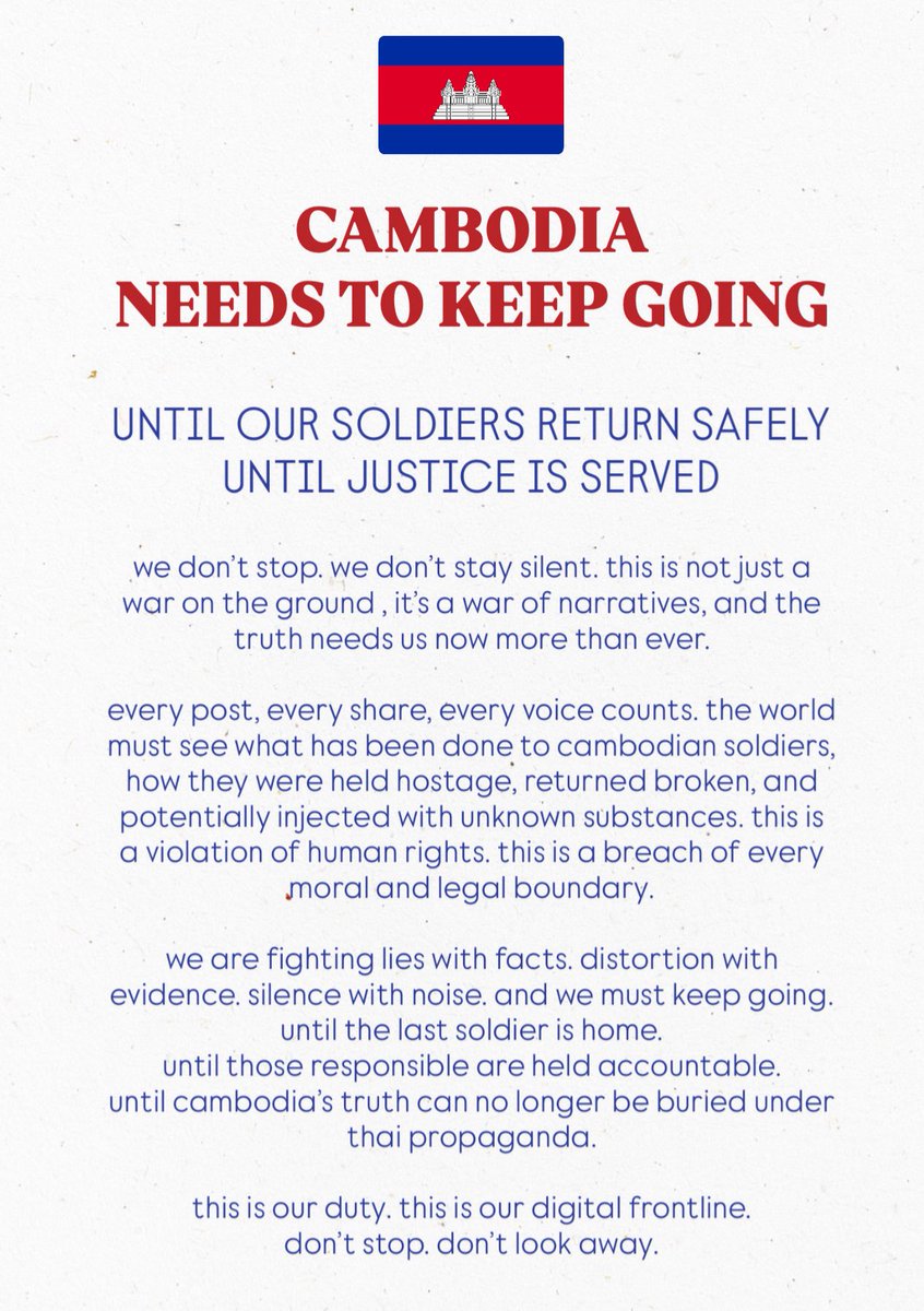 It’s been almost two weeks, and our remaining 18 soldiers are still not released from Thailand. 

Don’t stay silent on this matter.

#FreeCambodianSoldiers