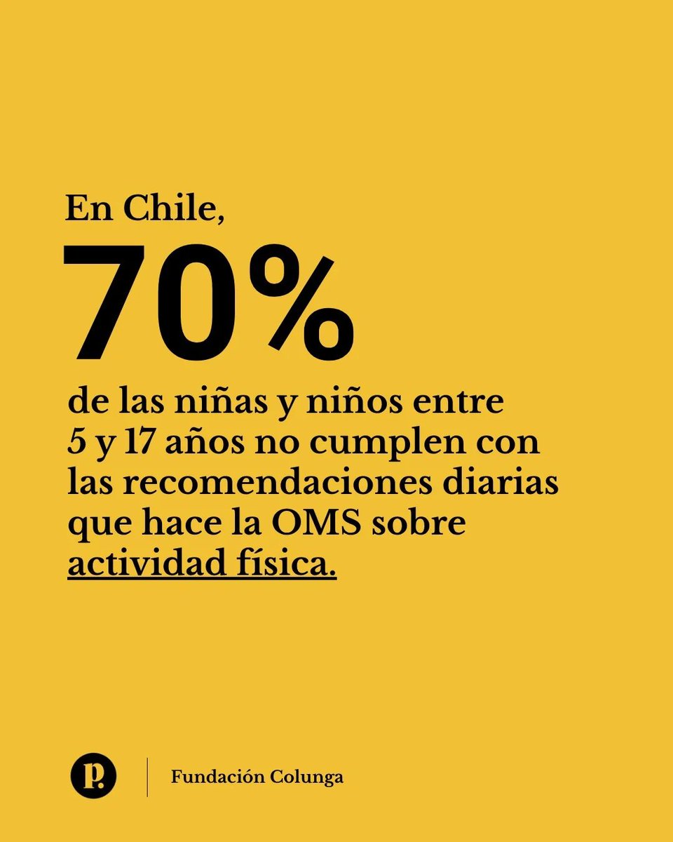 En Chile, las niñas y niños se quedaron quietos. Demasiado quietos.

Según la última Encuesta Nacional de Actividad Física, 7 de cada 10 niñas y niños entre 5 y 17 años, no cumplen con las recomendaciones de la Organización Mundial de la Salud en esta materia; es decir, realizan