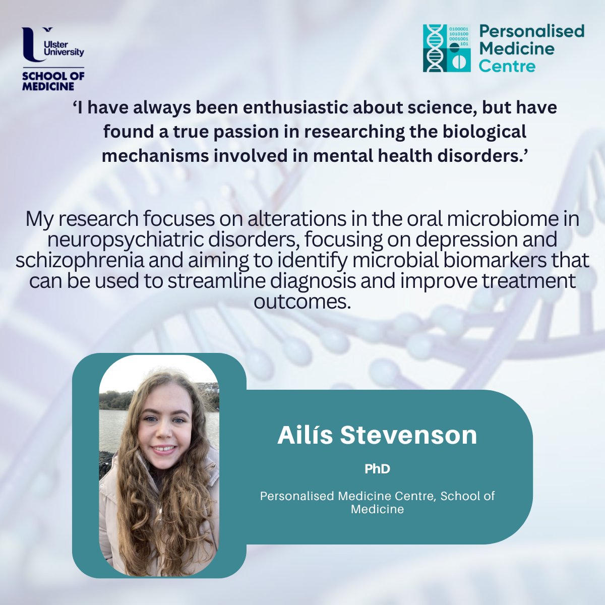 Introducing  Dr <a href="/ailisstevenson_/">Ailís Stevenson</a> who recently passed her PhD viva! Congratulations Ailís. 

Ailís works in the field of #NeuropsychiatricDisorders, #Schizophrenia, #Depression and the #OralMicrobiome. 

You can keep up to date with Ailis’ research here:
pure.ulster.ac.uk/en/persons/ail…