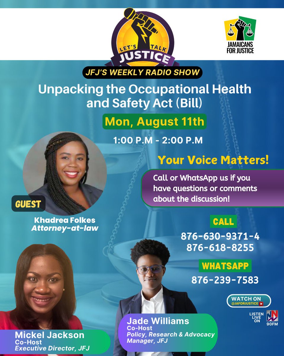Join us today at 1pm on ⁦⁦<a href="/NationwideRadio/">Nationwide90FM</a>⁩ as we unpack the occupational safety and health act (Bill). We’ll break down the importance of it for workers’ rights and safety standards in the workplace. Attorney, Khadrea Folkes, is our guest. Stay tuned!