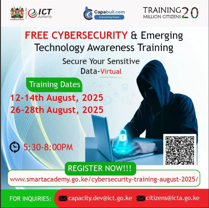 Mayy74915434's tweet image. FREE Cybersecurity &amp;amp; Emerging Tech Awareness Training! 🚨

Secure your sensitive data in this virtual training. 
📅 Dates:

12–14 Aug 2025
26–28 Aug 2025
🕠 5:30 – 8:00 PM EAT
Register now: smartacademy.go.ke/cybersecurity-…

#CyberSecurity #TechTraining #DigitalSkills #DataProtection