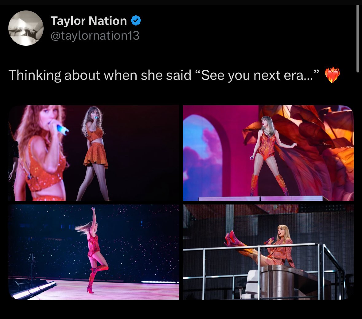 🚨 | Taylor Nation hinting Taylor Swift’s upcoming era in their latest tweet, featuring images of her orange outfits and sparking speculation that TS12’s theme will be orange!

Thinking about when she said “See you next era...”❤️‍🔥