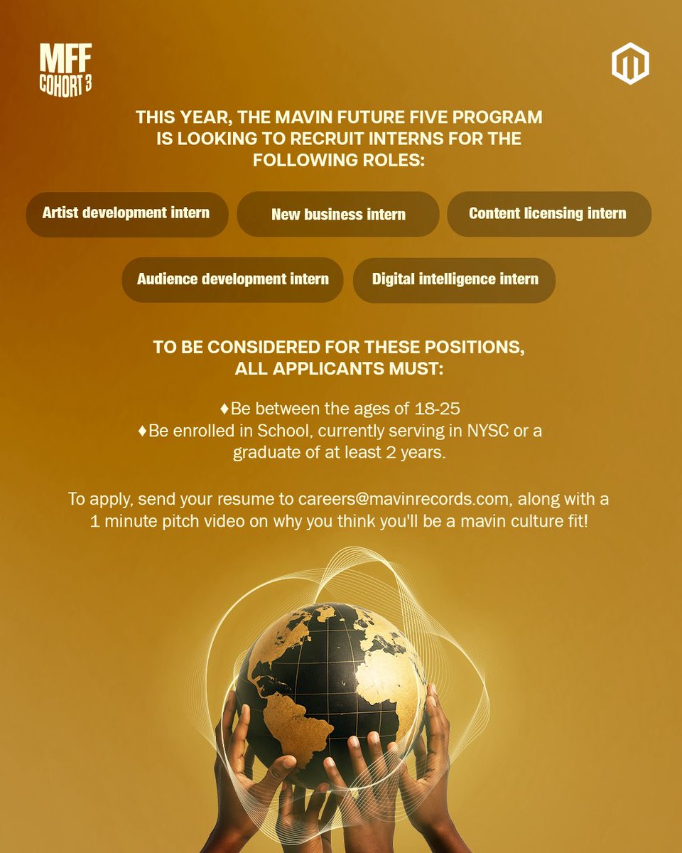 TEGAMAVIN's tweet photo. I’m proud to announce that applications for the 2025 edition of Mavin Future Five – Cohort 3 are now open. 

Looking back at the first two cohorts, I’ve seen how much can change when you give young, talented people the space, tools, and mentorship to grow. https://t.co/Re9Poi1xul