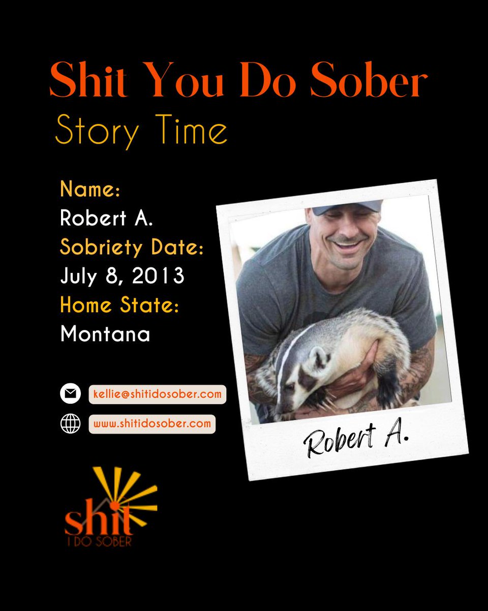 shitidosober's tweet photo. 📣 Shit YOU Do Sober Story Time: Meet Robert!

"My name is Robert. I am from Laurel, Montana. My sobriety date is July 8, 2013.

I struggled with meth as a teenager, all through my 20s, and into my 30s. At the age of 32, I threw in the towel (with the help of a courtroom). After a 5-year camp in a state prison, I decided to try something different, volunteer work. I started spending my spare time as a caretaker for orphaned bear cubs and mountain lions at a wildlife rehab facility. Then, one day, an infant badger showed up in a shoe box. I was in love! Helping animals was my new thing. The badger and I took over the world in our weird way.

But that wasn't enough. When they say, "The sky is the limit," I say, "Let's find out." So I did, and I took up skydiving. I currently hold a C license and a coach rating. The skydiving community is amazing. There are so many subcultures within, even a skydiving sobriety group.

Between badger cuddles and terminal velocity, I cringe at the thought of drugs and alcohol. I still struggle with simple daily chores, but who doesn't? Nobody is perfect.

I can say with complete confidence that the more distance I put between myself and my old ways of substance abuse, the better life gets.

You can do anything if you apply yourself, but DO NOT try to cuddle with a wild badger. They are dangerous and bipolar. Jumping out of airplanes is a lot safer."

🪂 Thanks Robert -- keep on flyin' high sober! I need to meet that badger one day!

#shitidosober #shityoudosober #soberasshit #shredtheshame #kellieadams #soberauthor #booksaboutsobriety