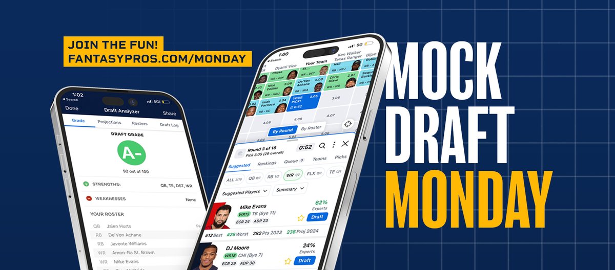 FantasyPros (@fantasyprosnfl) on Twitter photo Happy MOCK DRAFT MONDAY!
The Mock Drafts Channel in the <a href="/FantasyPros/">FantasyPros</a> Discord is FREE for the next ~24 hours!
Hop in and run realistic mock drafts with REAL fantasy managers and experts who will be hopping in throughout the day. Happy MOCK DRAFT MONDAY!
The Mock Drafts Channel in the <a href="/FantasyPros/">FantasyPros</a> Discord is FREE for the next ~24 hours!
Hop in and run realistic mock drafts with REAL fantasy managers and experts who will be hopping in throughout the day.