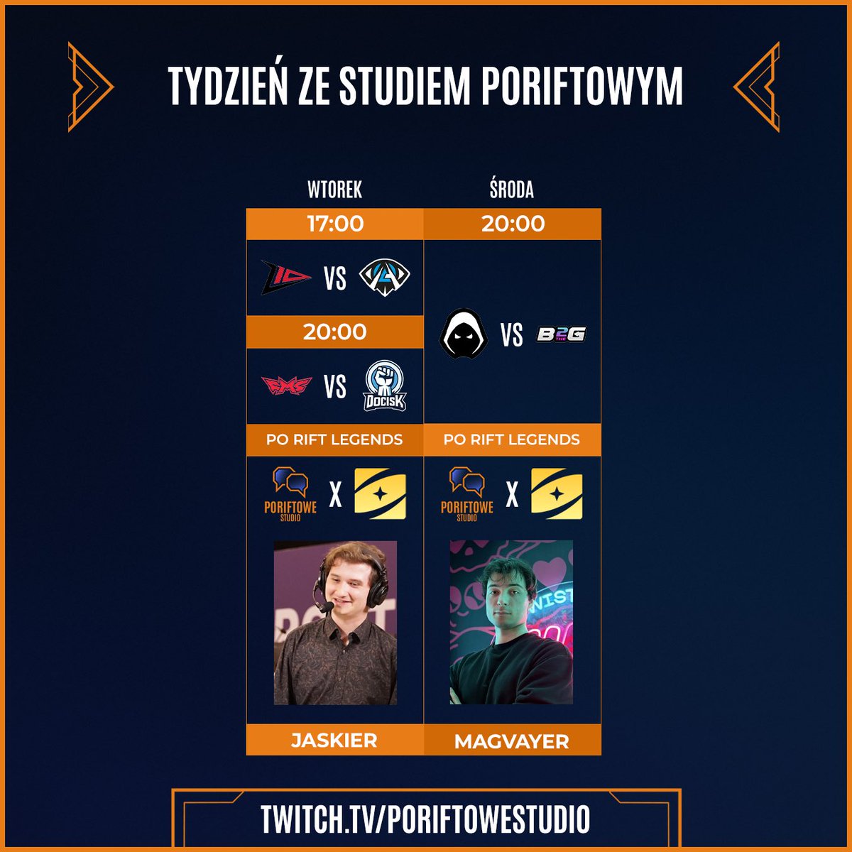 Kolejny tydzień przed nami, a wraz z nim:
– We wtorek: <a href="/JaskierBB/">Kamil Rojek</a> 
– W środę: <a href="/MagvayerLOL/">Magvayer</a> 
Zachęcamy do zadawania pytań do obu Panów w komentarzach.
Najciekawsze z nich zostaną wykorzystane w programie.👀