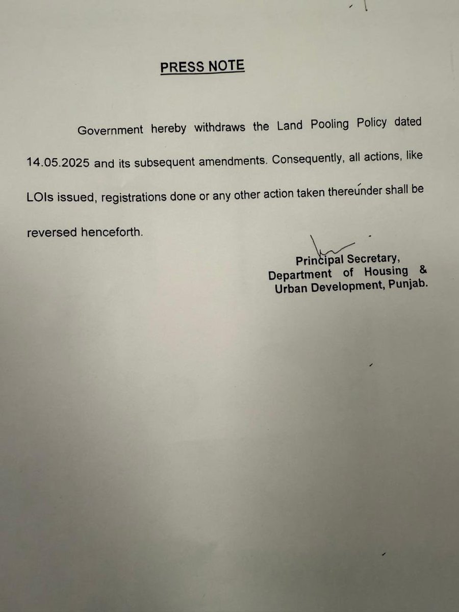 #BREAKING The Punjab Government orders withdrawal of Land Pooling Policy.