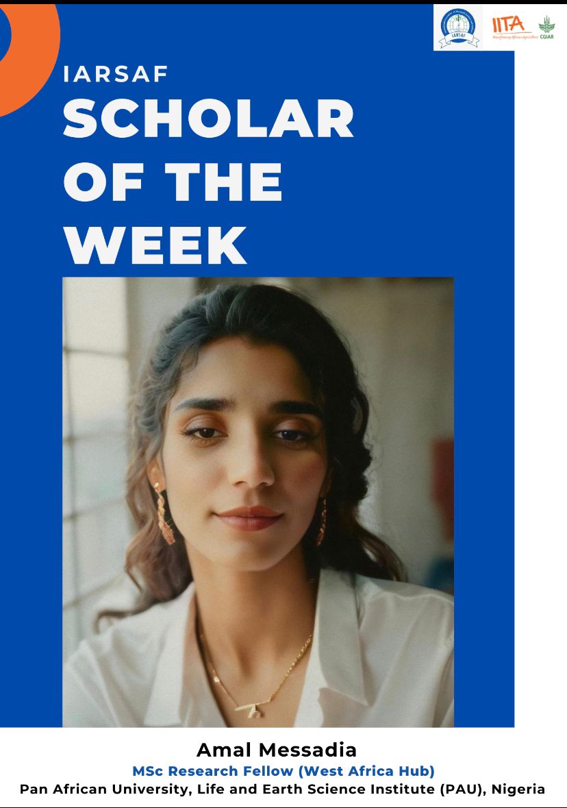 iarsaf_iita's tweet photo. 🎉 Scholar of the Week: Amal Messadia 🌱🔬
MSc Fellow @PAULESI_AU  + @IITA_CGIAR
Research: 🍠 Genetic diversity in African yam using DArTseq for conservation &amp; crop improvement.

#ScholarOfTheWeek #AgriInnovation #WomenInScience #ZeroHunger https://t.co/xgPrLaK2fE