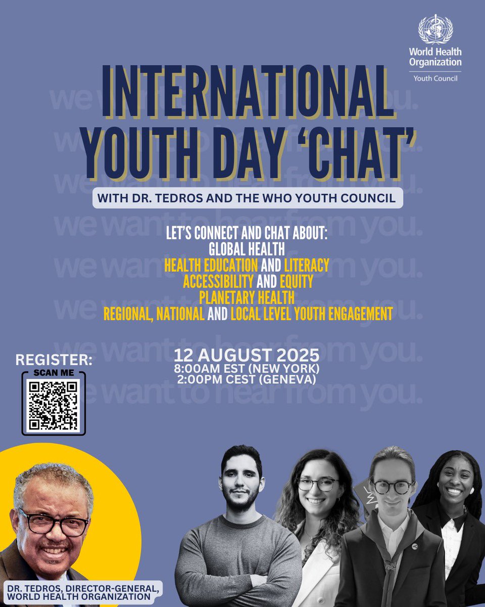 Tedros Adhanom Ghebreyesus (@drtedros) on Twitter photo Tomorrow is #YouthDay! Join me and the <a href="/WHOYouthCouncil/">WHO Youth Council</a> in a conversation about health literacy, equity, planetary health. I would like to hear your ideas and proposals!
Register here: bit.ly/3HvUWlE Tomorrow is #YouthDay! Join me and the <a href="/WHOYouthCouncil/">WHO Youth Council</a> in a conversation about health literacy, equity, planetary health. I would like to hear your ideas and proposals!
Register here: bit.ly/3HvUWlE