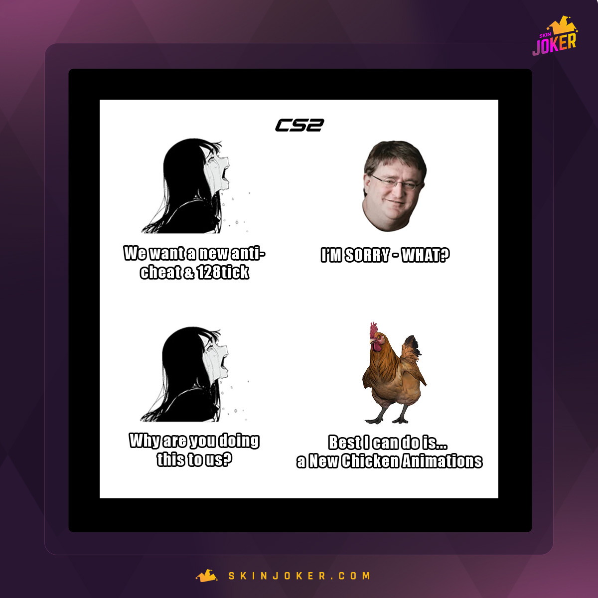 stakejokercom's tweet image. Players vs Valve 🐓🐓🐓

#cs2fun #csgofun #cs2meme #csgomeme #cs2funny #csgofunny