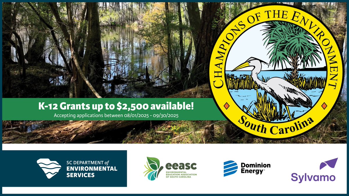 SC_EnvServices's tweet photo. SC K–12 teachers: Apply now for up to $2,500 to bring environmental projects to life!
Champions of the Environment grants are open Aug. 1–Sept. 30, 2025.
💡 School gardens, wildlife habitats, water conservation & more.
🔗 https://t.co/63CxhxkYLP
#SCDES #EnvironmentalEducation https://t.co/dEbP75Muby