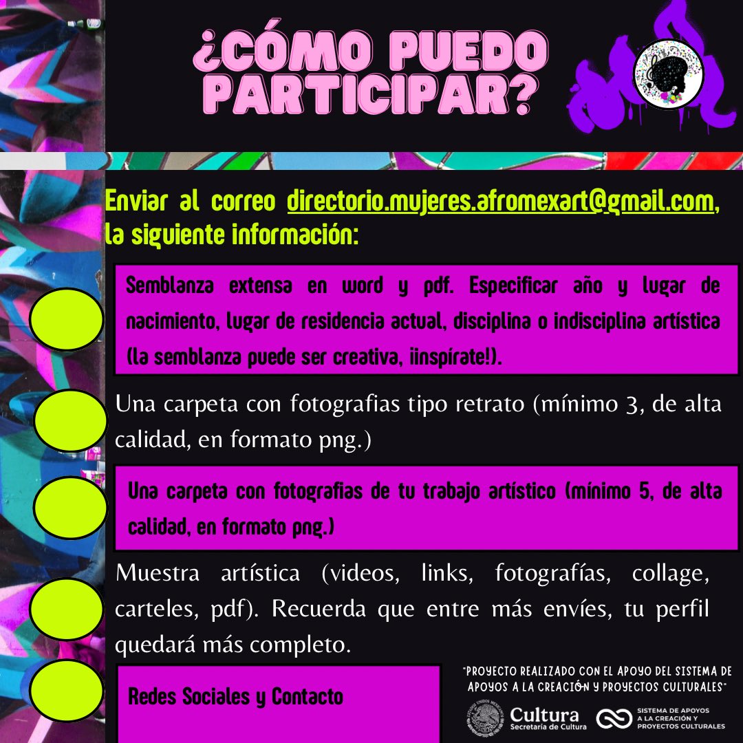 afromexart's tweet photo. 🌸¡Aún estás a tiempo, quedan pocos días para sumarte al Directorio de Mujeres Afromexicanas Artistas!

🫟Proyecto realizado con el apoyo del "Sistema de Apoyos a la Creación y Proyectos Culturales"
@SistemaCreacion 

#Convocatoria #artistas #afro https://t.co/jbCHmAC4XS