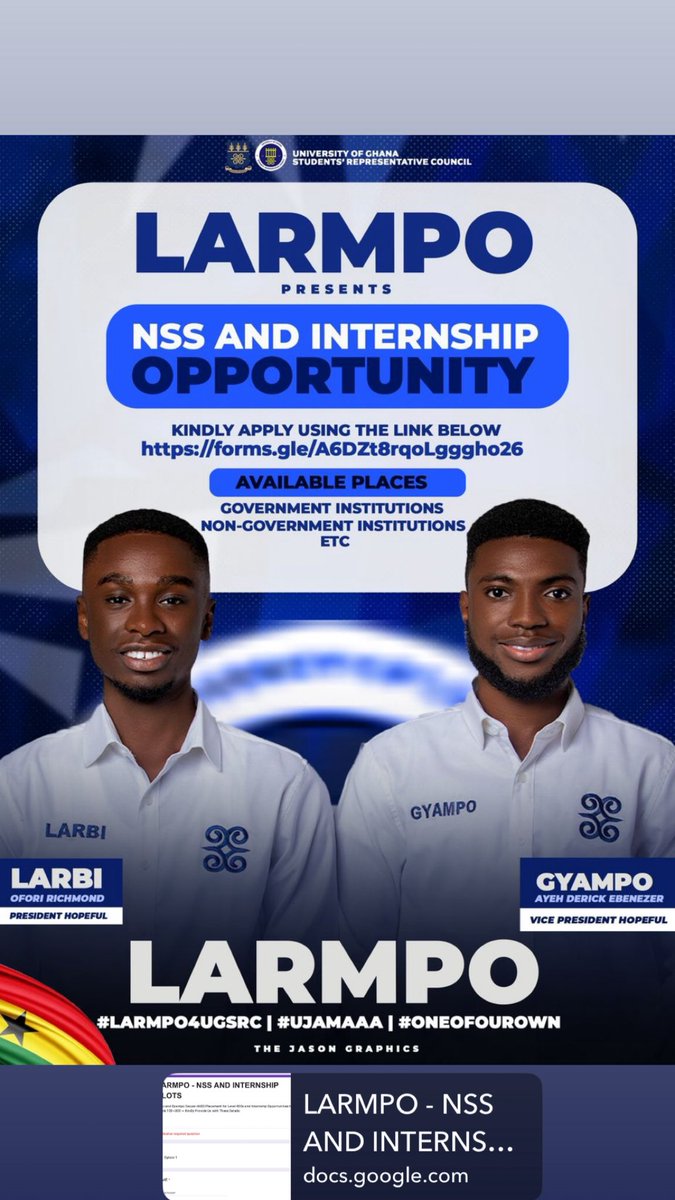 gyampoebenezer's tweet image. LARBI x GYAMPO FOR UGSRC PRESIDENCY

Opportunities like this don’t knock twice!LARMPO brings you internship and NSS slots.

Kindly apply using the link below
forms.gle/A6DZt8rqoLgggh

#GettingTheJobDone
#OneOfOurOwn
#LARMPO4UGSRC
#Ujamaaa