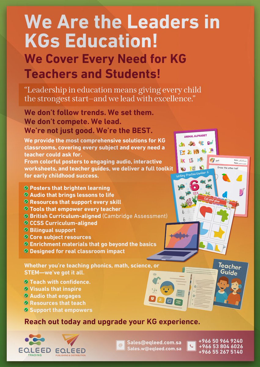 Eqleed_LPD's tweet photo. Lead the Way in KG Education with EQLEED!
From eye-catching posters and engaging audio to interactive worksheets and teacher guides... we provide everything your KG classroom needs 

✅ Aligned with British & American curricula
✅ Designed for real classroom impact
✅ Empowering teachers, inspiring students

Upgrade your KG experience today and contact us now 
+966 50 964 9240
+966 53 804 6026
+966 55 267 5140 

📧 sales@eqleed.com.sa 

#Schools #SaudiArabia #Jordan #Vision2030 #Skool21 #EQLEED #UAE