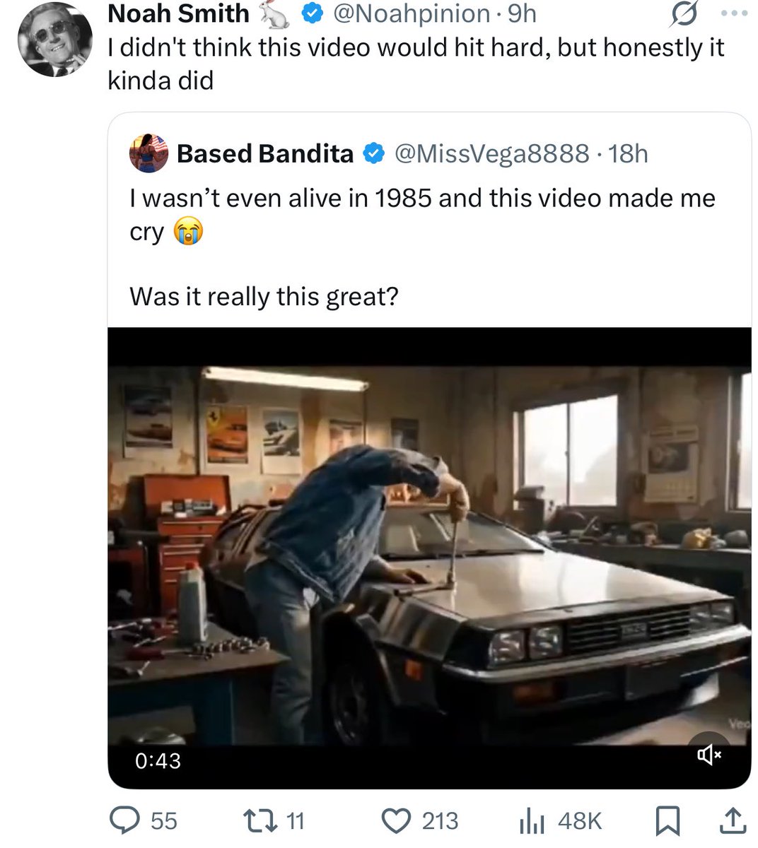 being reduced to tears by AI nostalgia slop where a guy ratchets a bolt straight through the hood of his car