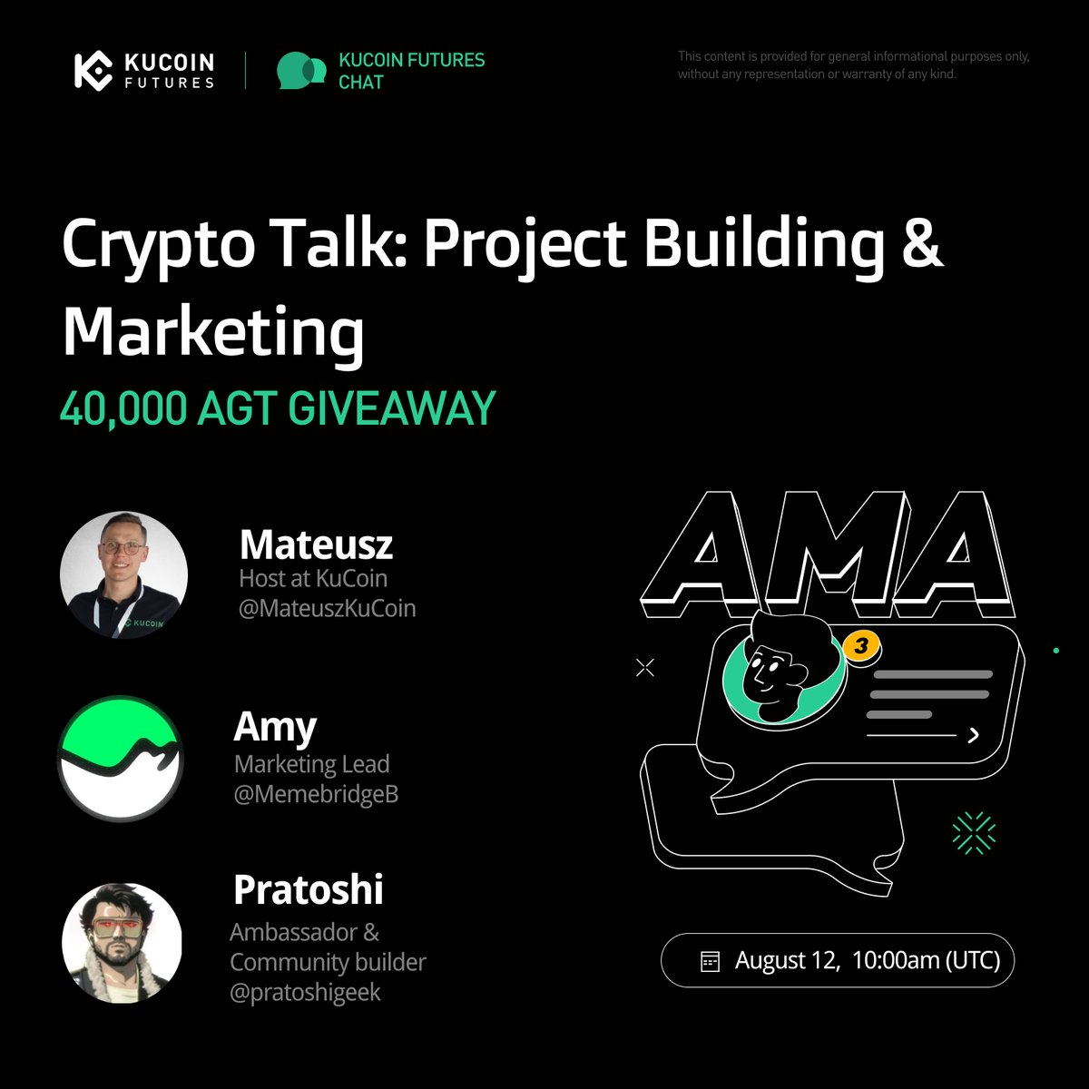 KuCoinFutures's tweet photo. 🎙 Futures AMA — 40,000 AGT Prize Pool! 
🕛 Aug 12 | 10:00 AM UTC

Join & win your share of the prize pool:  
1️⃣ Follow @KuCoinFutures  
2️⃣ Like, RT & Tag 3 friends  
3️⃣ Join Space: https://t.co/xt5tGvygso 
4️⃣ Register KuCoin Futures
✍️ Sign up here: https://t.co/jD0lpQ2ONt

#KuCoinFutures #CryptoAMA #Giveaway #Airdrop