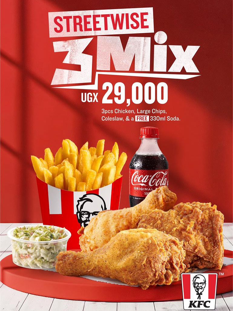 The Streetwise 3 Mix is now available. 
An abundance of finger-licking goodness. UGX 29,000 for 3 pieces of chicken, large chips, cole slaw, and a complimentary 330ml beverage. Order now at the KFC location closest to you. 
#KFCStreetwise3Mix | #ItsFingerLickinGood | #NRGRadioUG