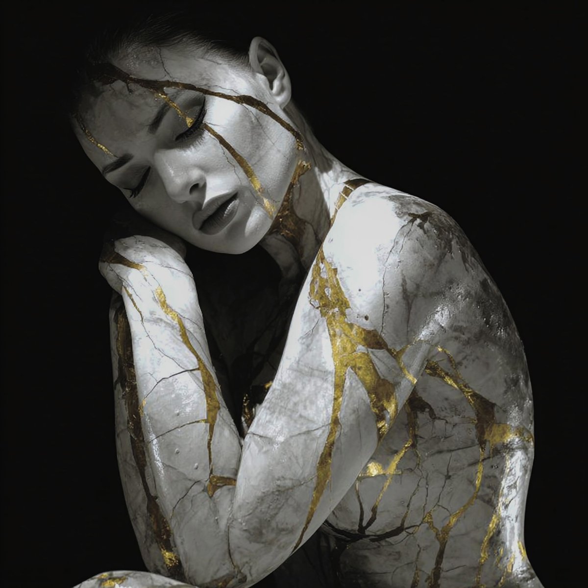 Trade Gilded Scars 
A figure rests, marked by lines of gold. The cracks tell a story of healing, of beauty found in imperfection. It feels like strength born from being broken and put back together.
zora.co/coin/base:0x49…