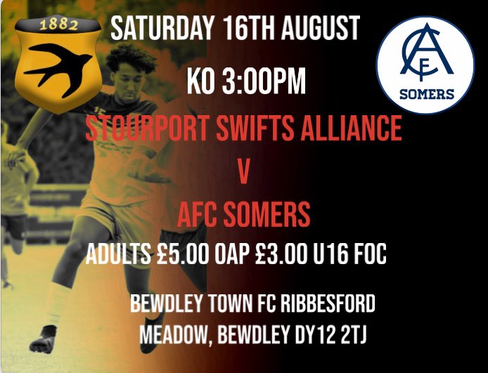 Saturday sees us host AFC Somers for our opening home game of the season <a href="/StourportSwifts/">Stourport Swifts FC</a> <a href="/BewdleyTownFC/">Bewdley Town FC</a> <a href="/AfcSomers/">AFC Somers</a>