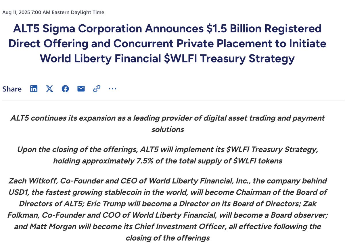 ALT5 @ALT5_Sigma Sigma has announced a $1.5 billion targeted share issuance  and private placement, launching the $WLFI Token Treasury Strategy. I must  explain what this means. @worldlibertyfi First, this indicates that $WLFI