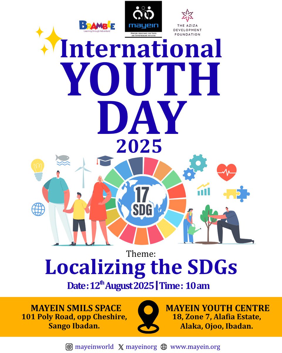 🌍 International Youth Day 2025 is here!
Theme: Local Youth Actions for the SDGs and Beyond.
Happening at our SMILS Centre in Eleyele and Ojoo in collaboration with <a href="/BrambleNetwork/">Bramble Network</a> and <a href="/TheAzizaDev/">The Aziza Development Foundation</a>
💡 Let’s make the SDGs come alive in our communities! 🌱📚