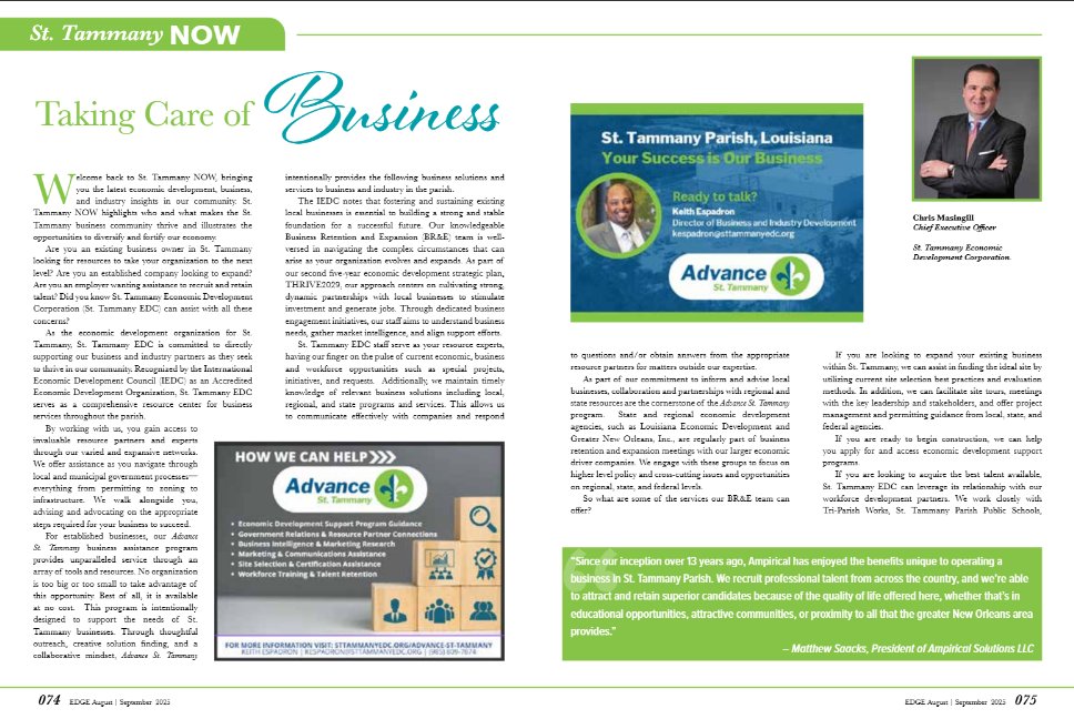 Big news! Our feature in <a href="/EDGELAKEMAG/">EDGELAKEMAG</a> showcases how the Advance St. Tammany program is helping local businesses thrive in our parish. Explore how we're supporting job creation and investment at hubs.ly/Q03BRzV10 #StTammanyNOW #AdvanceStTammany #EconomicDevelopment