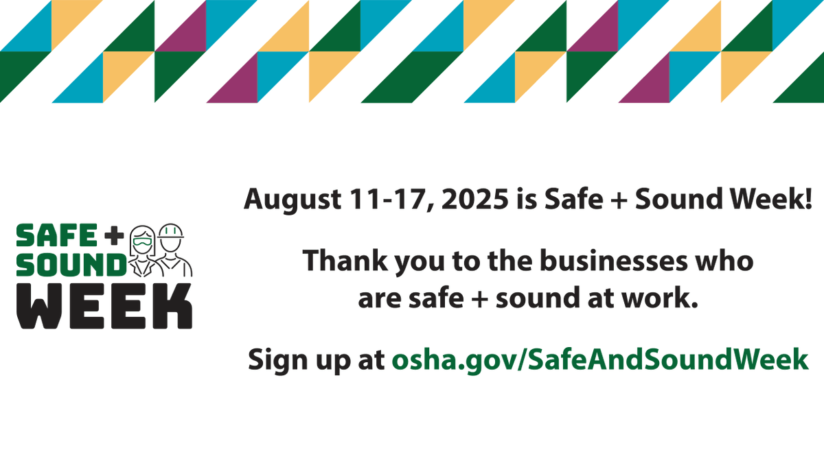 Safe+Sound week has launched! Help advocate for workplace safety by joining this OSHA campaign. Find more ideas about keeping American workers safe and sign up to participate today: osha.gov/SafeandSoundWe…